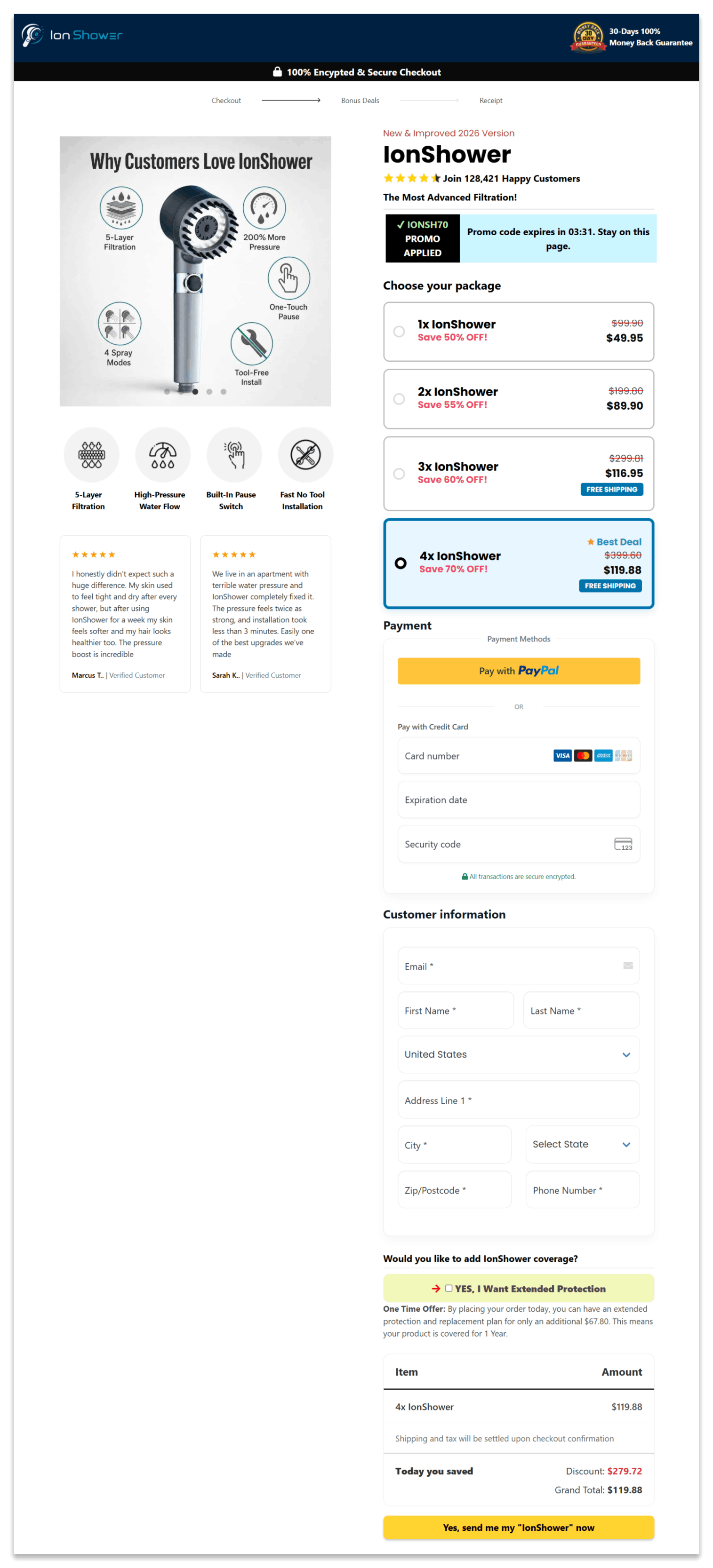 IonShower secure checkout page